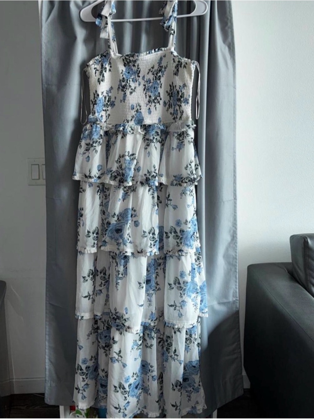 White Maxi Dress with Blue Floral Print